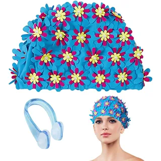 1 Badekappe und 1 Schwimm-Nasenclip, Damen-Badekappen, lustige Vintage-Muster, Schwimmzubehör