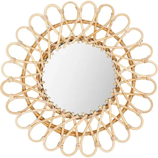 NiuLifeya Runder Wandspiegel aus Rattan, Boho-Spiegel als Wanddekoration, 40 cm, Wandspiegel als Dekoration für Schlafzimmer, Wohnzimmer, Esszimmer,Holzfarbe