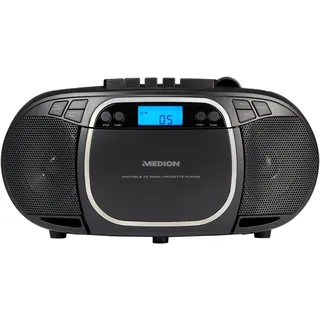 MEDION E66476 Stereo Sound System (Boombox, CD-Player, MP3, Kassette, tragbarer Kassettenspieler für Kinder, UKW Radio, AUX, Kopfhörer, Netz & Batterie) schwarz