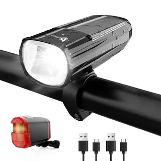 Owleye Fahrradlichts, Solar Fahrradlicht Set Fahrradbeleuchtung, bis zu 50 Lux Fahrradlicht vorne USB Aufladbar Typ C, StVZO Zugelassen Frontlicht + Rücklicht Fahrrad Licht LED Fahrradleuchtenset
