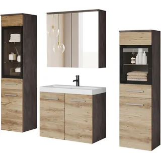 WELLTIME »MADRIT II, Schrank mit Waschbecken, 2 Hänger, Spiegelschrank«, (Komplett-Set, 5 St.), Hängende Badmöbel mit Glaseinsätzen – in vielen Farben erhältlich