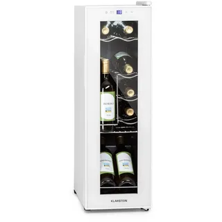 Klarstein Weinkühlschrank 1 Zonen Getränkekühlschrank Klein, Freistehender Kleiner Weinschrank, 32L Wein-Kühlschrank mit Glastür, Flaschenkühlschrank, Wine Fridge 12 Slim Uno 32l/12Fl.Touch 85 W 5-18 °C LED Weißes Glas