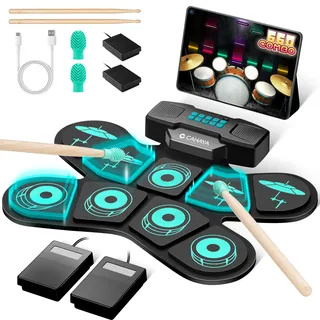 CAHAYA Elektronisches Schlagzeug für Kinder mit Handhaben: Aufrollbar E-Drum-Set 9-Pads Mit 2 Pedal Eingebauter Stereo-Lautsprecher - Unterstützt Kopfhörerausgang 10 Stunden Akkulaufzeit- CY00387-1