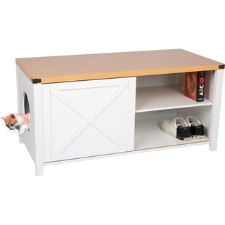 needs&wants® Katzenschrank groß für Katzentoilette XXL aus Holz mit Schuhschrank Sitzkommode, Katzenklo-Schrank Kommode, Design Katzenhaus Toilette Klo, 110 x 50 x 53 cm, weiß braun