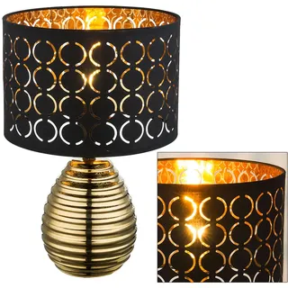 ETC Shop Tischleuchte schwarz gold Nachttischleuchte Retro Schlafzimmer Tischlampe mit Stoffschirm, Samt Metall, 1x E27 Fassung, DxH 25x38 cm