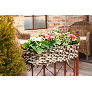 Dekoleidenschaft Rattan Pflanzkasten Koboo Grey groß, grau, Balkonkasten mit Halterung, Balkon-Blumenkasten für Draußen, Pflanzgefäß zum Einhängen am Balkongeländer, Flechtkorb