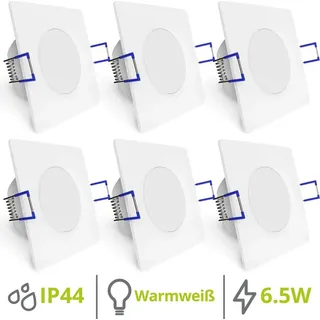 linovum WEEVO 6er Set flache LED Einbauleuchten Bad - Deckenspot mit 6,5W 230V warmweiß - quadratisch weiß IP44 Wasserschutz