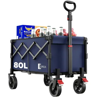 sunula Bollerwagen Faltbar Klein 80L 100KG, Faltbarer Bollerwagen Klappbarer Handwagen mit Halbiertem Eigengewicht, Bollerwagen Geländegängig mit Bremsen, Blau