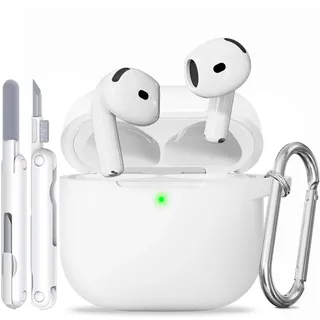TNSNK for AirPods 4 hülle with Cleaner Kit, Silikon Protection Case for Apple Airpods 4 ANC (AirPods 4 mit Aktiver Geräuschunterdrückung) Support Wireless Charging with Keychain-White