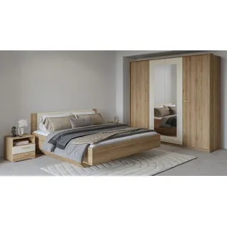 Home affaire Schlafzimmer-Set Bitry,Set 4-St(Bett 180 cm, 2xNako, Drehtürenschrank), Komplettschlafzimmer, viel Stauraum, fühlbare Struktur, Holzoptik beige