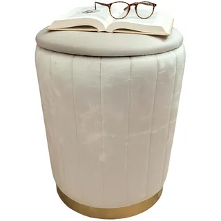 Relaxdays Hocker Samt, Sitzhocker mit Stauraum, gepolstert, HxD: 42 x 32 cm, runder Beistellhocker, Wohnzimmer, beige