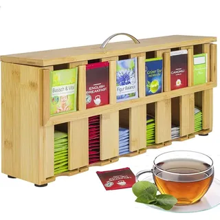 Onvaya ONVAYA® Teebox aus Holz | Teekiste mit 6 Fächern | Teebeutelbox für ca. 200 Teebeutel | Tee Aufbewahrungsbox | Teebeutelspender aus Bambus | Tee...