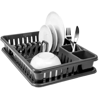 Hausfelder Geschirr Abtropfgestell für die Spüle, Abtropfkorb mit Abtropfschale aus Kunststoff BPA-frei, Geschirrabtropfgestell in Schwarz (SpaceBlack)