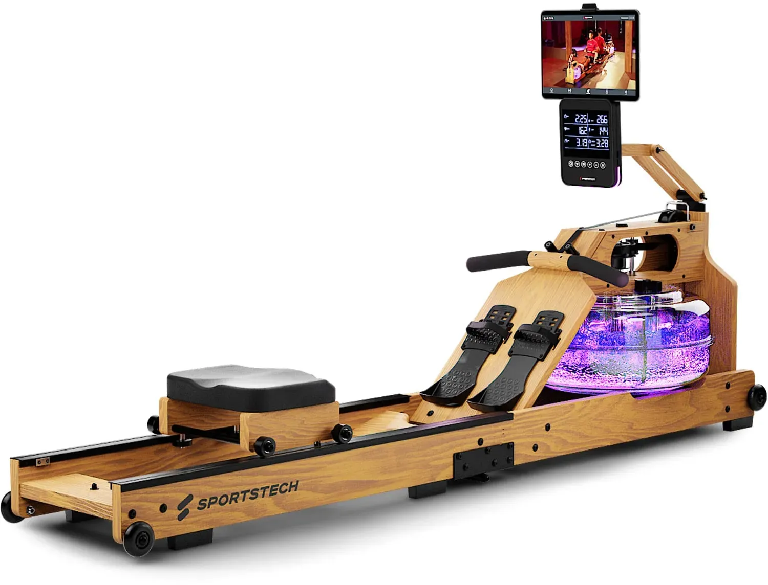 Sportstech Wasser-Rudergerät WRX1000 hellbraun, App-kompatibel, mit Wassertank, mit LED-Beleuchtung, 3-1 Widerstandsystem, mit LCD Display, mit Tablet-Halturung