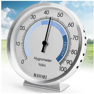MAVORI MAVORI® Hygrometer innen analog aus Edelstahl - eleganter & präziser Luftfeuchtigkeitsmesser für ein gesundes Raumklima - umweltfreundlicher batteriefreier Betrieb - Ø 9,5 cm
