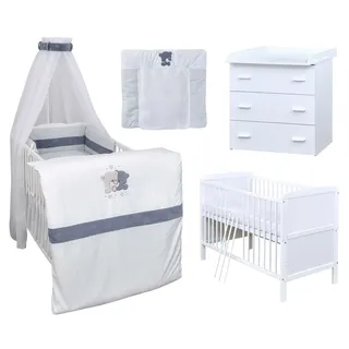 Baby-Delux Babyzimmer-Komplettset Babyzimmer 140x70 weiß Komplettset, (13-tlg), Babybett Wickelkommode Bettwäsche Set Komplettzimmer weiß