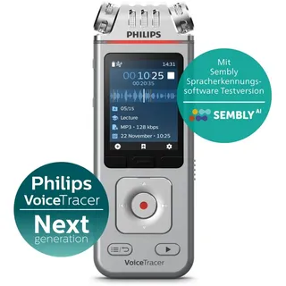 Philips DVT4115 Diktiergerät, Aufnahmegerät. MP3, HiFi Mikrofone mit Sembly AI zur Spracherkennung für mehrere Sprecher, Erstellung von Zusammenfassungen, Besprechungsprotokollen und to-Do-Listen