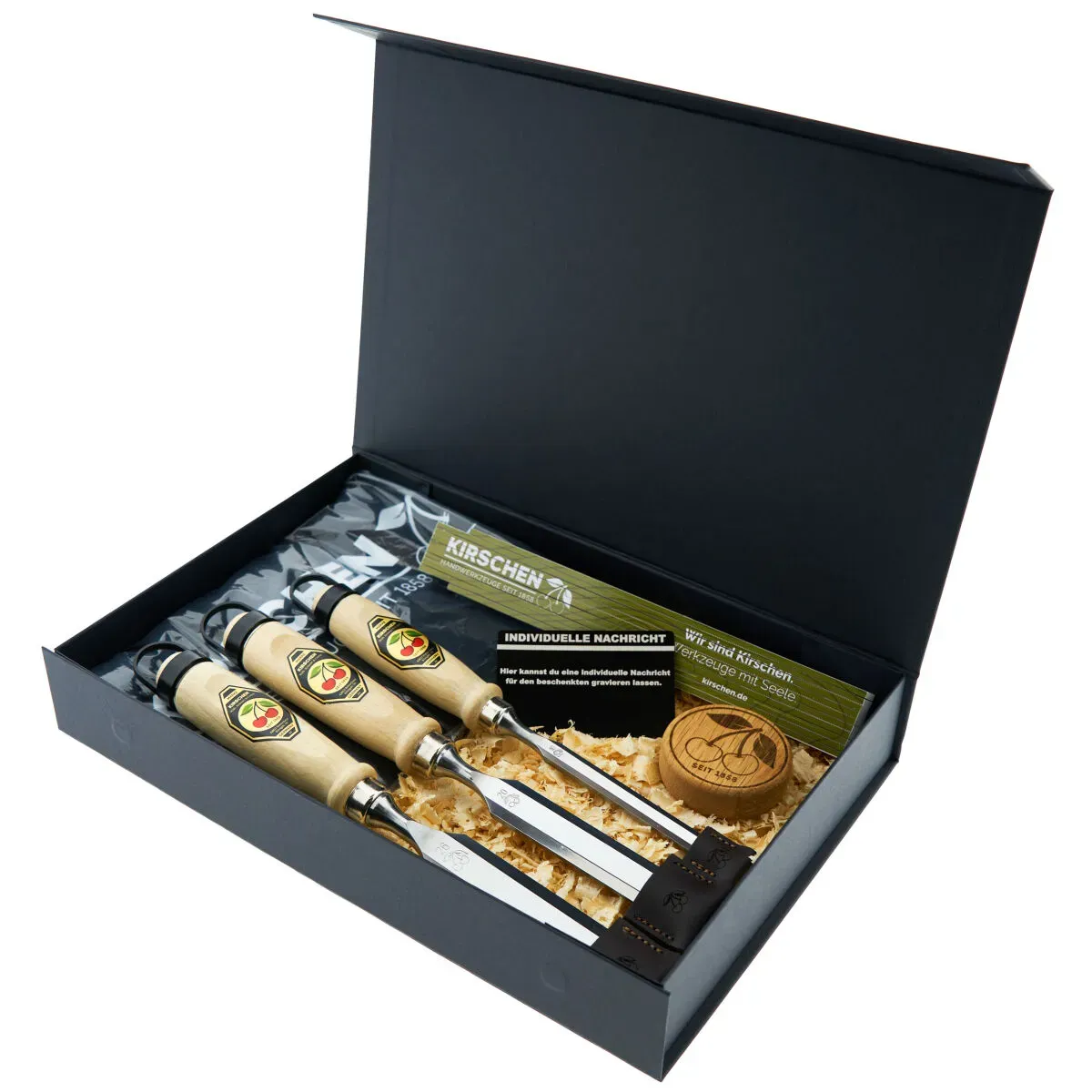 KIRSCHEN Geschenkbox Stechbeitel 3er Set mit Gravur inkl. T-Shirt XL & Goodies | Premium Geschenk für Holzhandwerker