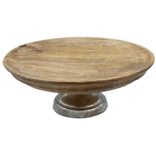 Spetebo Mango Deko Teller mit Fuß aus Aluminium - Ø 30 cm - Holz Servierständer mit Metall Standfuß - Etagenständer Tortenplatte Obstteller Servierplatte