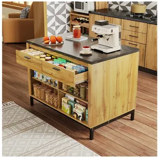 Flieks Kücheninsel mit 2 Schubladen und 4 offenen Fächern im Landhausstil, (Eichenholzmaserung, schwarzer Marmor-Arbeitsplatte), Küchenschrank Küchenbuffet Holzschrank, Metallgestell, 120×75×90cm beige