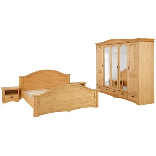 Home Affaire Schlafzimmer-Set »"Konrad", komplettes Schlafzimmer mit großem Schrank«, (Set, 4 tlg., Kleiderschrank 5 türig mit Schubladen, 2 Nachttische, Bett 180x200cm), klassischer Landhausstil, Metallgriffe, Massivholz (Kiefer), beige