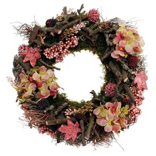 CREAFLOR HOME Türkranz 30cm Hortensien brombeer-grün, Dekokranz für spezielle Anlässe, Rund, Rosa, Grün, Apfelzweige, Flechtenmoos, Kunststoff