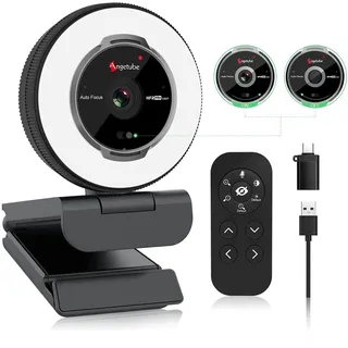 Angetube 60FPS 1080P Webcam mit Ringlicht - PC Kamera mit 5X Digitalzoom und Fernbedienung,Eingebaute Dual-Noise-Cancelling-Mikrofone und Sichtschutzabdeckung,Für PC|Computer|Laptop|Mac|Desktop