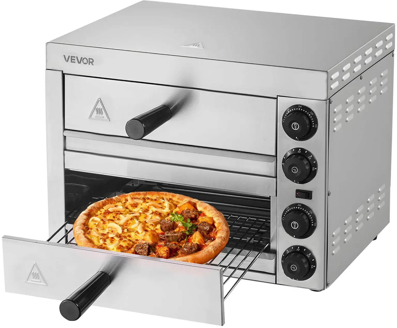 VEVOR Elektrischer Pizzaofen für Arbeitsplatten, 12 Zoll, 1700 W, mit Temperaturregelung und 0-60-Minuten-Timer, gleichmäßiger Backtechnologie und leicht zu reinigender Krümelschublade, ideal für gewerbliche und private Küchen