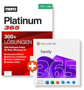 Microsoft 365 Family (Office-Apps inkl. Copilot-KI und 6TB Cloudspeicher) + NERO Platinum 365 | Download & Produktschlüssel
