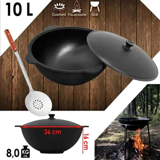 4big.fun Flacher gusseiserner Kazan-Kessel 10L NAMANGAN mit Deckel WOK Camping Kocher, BBQ Outdoor Kochgeschirr, Abschäumer