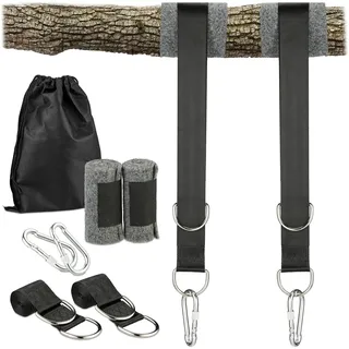 Relaxdays Hängemattenaufhängung, 7-tlg. Set, 2 Gurte, 2x Baumschutz, 2 Schwerlastkarabiner, bis 900 kg, schwarz/grau
