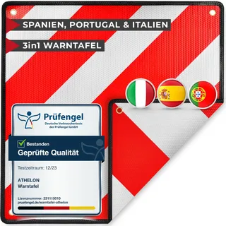 ATHELON® 3in1 Warntafel für Italien, Spanien & Portugal - Hochwertige Warntafel Italien für Fahrradträger & Wohnmobil - Reflektierendes Warnschild (Nur Warntafel)