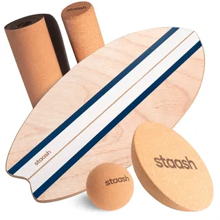 STAASH® Balance Board Holz – Pro Gleichgewichtstrainer inkl. Schutzmatte, Rolle, Halbkugel, Korkball & VIDEOKURS – Indoor-Surfen & Skaten – Balance Board Kinder & Erwachsene (Blau full kit)