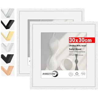 HIMEETIME® 2x Bilderrahmen,30x30 cm Weiss Rahmen Bild mit Passepartout Display 20x20cm, Holzrahmen Holz-Bilderrahmen Echtholz | Picture Frame 30x30 Fotorahmen zum Aufhängen