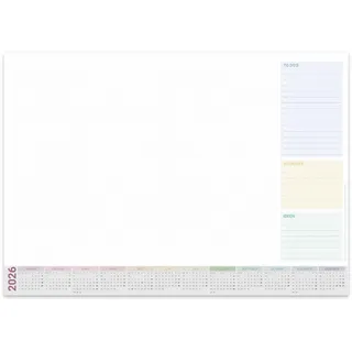 PuK Schreibtischunterlage mit Kalender 2026 bunt | DIN A2 | 25 Blatt zum Abreißen mit praktischen Listen | optional Kantenschutz | Schreibtischunterlage Papier A2 Kalender 2026 (mit Kantenschutz)