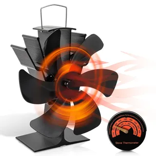 Ollewiellan Kaminventilator 6 Blatt mit Thermometer, Ofenventilator Ohne Strom, Leiser Holzabzugrohr Herd Ventilator,Wärmebetrieben, Aluminium Stove Fan for Fireplace