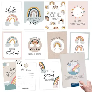 Papierdrachen 32 Affirmationskarten mit positiven Mantras - Achtsamkeitskarten mit Geschenkbox | Motivationskarten - Stress bewältigen mit Selbstliebe - Geschenkidee für Kinder - Regenbogen