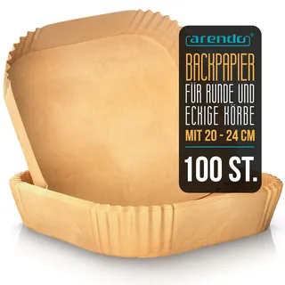 Arendo Backpapier für Heißluftfritteuse 4,5–7,5 L, 100 St., 20 x 20 x 4,5 cm, antihaft, ungebleicht, – Perfekt für 5.7–9L Körbe, Airfryer, Ofen & Backen – Umweltfreundlich & Praktisch (Ø20x4.5 stück)