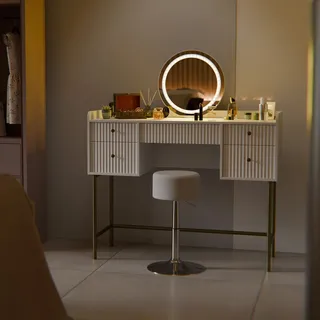 Juskys Schminktisch Samira & Hocker Tonia mit Touch-LED-Spiegel & viel Stauraum, 5 Schubladen – Weiß/Gold