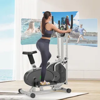 Cowmew Ellittica Crosstrainer Und Heimtrainer 2 in 1 für Zuhause, Fitnessgeräte Stepper Mit Sitz + LCD-Monitor + Einstellbarem Widerstand + Rutschfestem Pedal, Cardio Hometrainer (Silber)