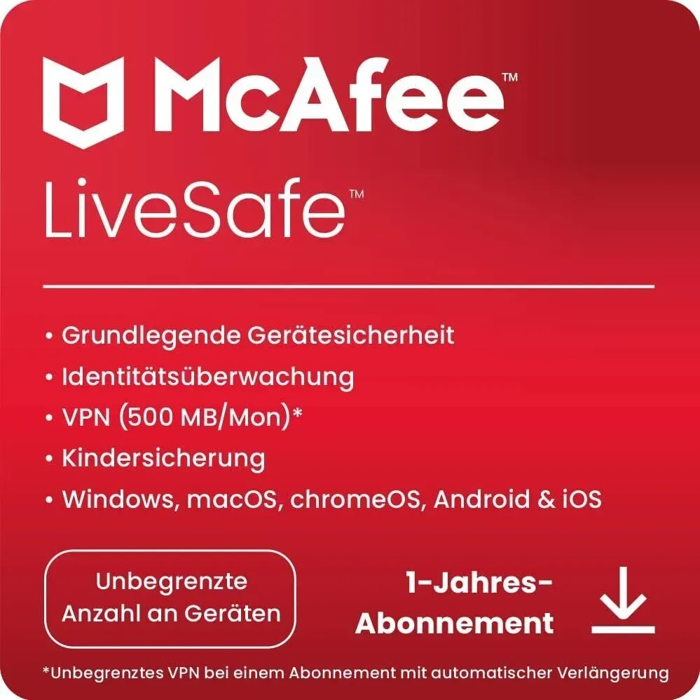 McAfee LiveSafe, unlimitierte Geräte - 1 Jahr, Download