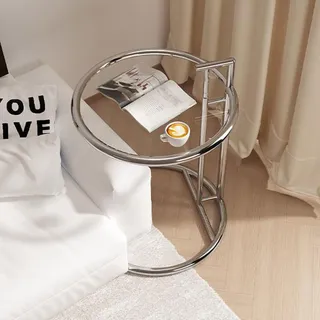 DECORN C-förmiger Sofa-Beistelltisch Akzent-Beistelltisch aus Klarem Gehärtetem Glas Höhenverstellbarer Runder Tisch Snack-Kaffee-Laptop-Schreibtisch für Schlafzimmer, Wohnzimmer, Büro,Clear