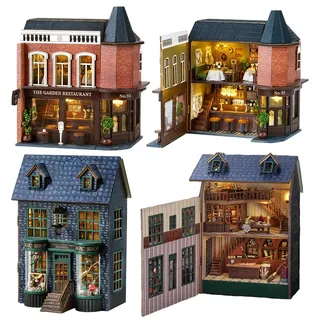 TOPBSFARNY Puppenhaus Miniatur DIY Haus Kit, 2pcs hölzerne romantische Burg Tiny House, kreative Zimmer mit Möbeln und LED-Licht für Geburtstag Geschenk (C)