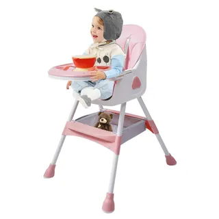 czyuRachel 2 in1 Hochstuhl Kinderhochstuhl, Babystuhl Doppeltes Tablett Einstellbare Höhe mit Schrittpfosten und Sicherheitsschnalle für 6 Monaten bis 6 Jahren, Rosa
