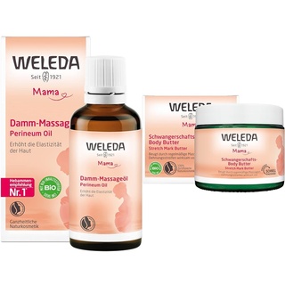 WELEDA Bio Mama Damm Massageöl - veganes Naturkosmetik Schwangerschaftsöl & Bio Mama Schwangerschaft Body Butter – vegane Naturkosmetik Babybauch Massage Körperbutter