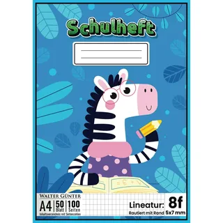 Schulheft Lineatur 8f: 50 Blatt (100 Seiten ), DIN A4, 5x7 mm Rautiert mit Rand, mit Seitenzahlen und Inhaltsverzeichnis