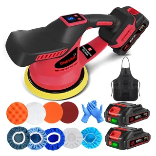 ONEVAN Akku-Poliermaschine Set 150mm Auto-Polierset 5800 U/min Polierpolierer, 2500 min. U/min, 8500 max. U/min, mit 2 Akkus für Auto, Metall, Möbel, Autopflege rot