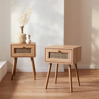 sweeek 2er-Set Nachttische mit Holzlook und Rohrgeflecht Natur - sweeek