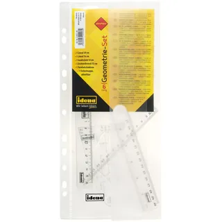 IDENA 22923 - Geometrie-Set 6-teilig mit 2 Linealen, Zeichendreieck, Parabel, Geo-Dreieck und abheftbarer Aufbewahrungsmappe, transparent, aus Kunststoff