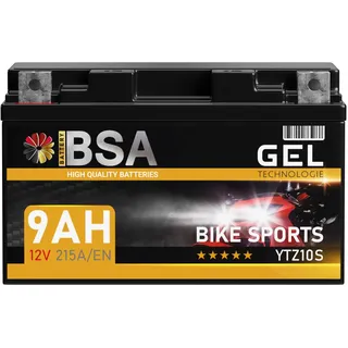 BSA YTZ10S GEL Motorradbatterie 12V 9Ah 215A/EN Batterie doppelte Lebensdauer entspricht YTZ10-S 50901 GTZ10-S vorgeladen auslaufsicher wartungsfrei